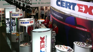 a birds eye view of an exhibition stand for Certex with products on display stands