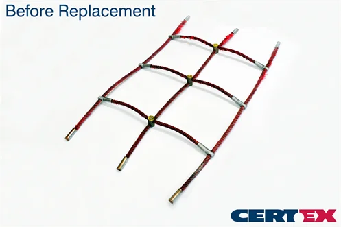 An old red combination rope lattice in three by three wires connected to form squares with the Certex logo in the bottom left corner and the word Before in the top right